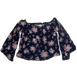 Cottage Core Top Asymmetric Bell Sleeve Coquette Fairy Sz L Dark‎ Floral Flowy